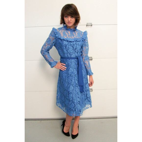 Vintage Cobalt Blue Lace Dress with Lace Ruffled Neckline/Cuffs Med/Large - Picture 5 of 8